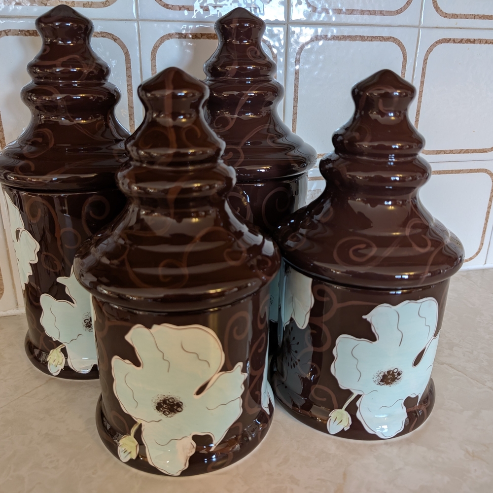 Elegant Floral Ceramic Canister Set - Brown and Cream